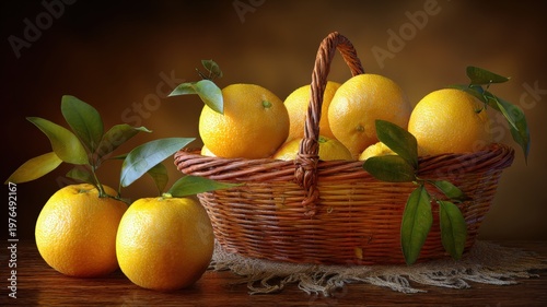 Still Life of Fresh Oranges with Leaves in a Wicker Basket on a Textured Surface