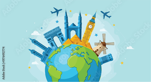 Illustration of a globe with famous landmarks and monuments on World Heritage Day against a light blue background with planes flying.