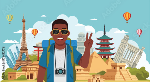 Illustration of a cheerful young traveler with a camera around his neck making a peace sign in front of famous landmarks on World Heritage Day, with a vibrant and adventurous mood.