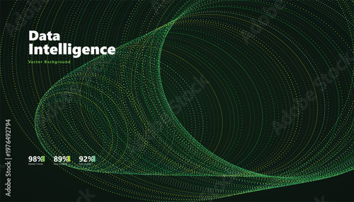 Abstract data intelligence background with dynamic green glowing circular waves and futuristic HUD elements for modern machine learning web visualization vector illustration