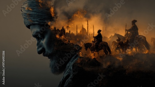 Wallpaper Mural Epic Historical Scene of Warrior Leader and Burning City in Dramatic Double Exposure Torontodigital.ca