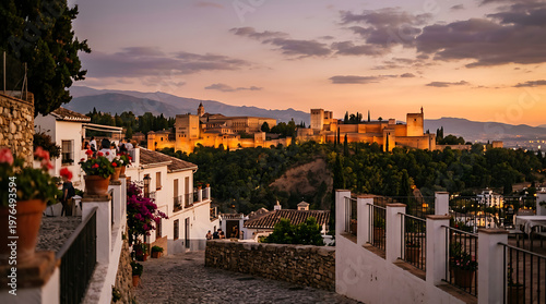 Alhambra Granada at sunset, historic fortress, Andalusian cityscape, orange sky, Europe travel
