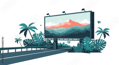 tropical roadside billboard with mountain landscape illustration