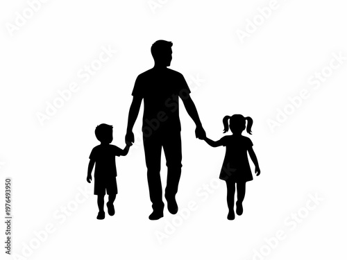 Father walking with son and daughter holding hands silhouette on white background
