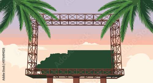 illustration of outdoor amphitheater stage with palm trees at sunset