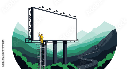 Illustration of a person installing a blank billboard sign in a mountainous landscape