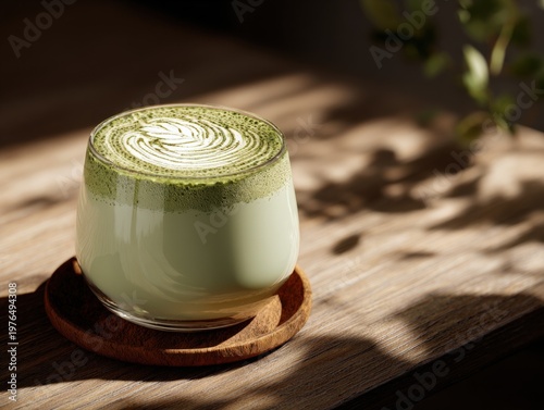 Refreshing Green Matcha Latte With Frothy Milk and Leaf Design on Wooden Table