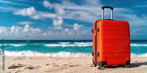 Orange suitcase sitting on a tropical sandy beach with turquoise ocean waves and a blue sky, symbolizing travel, vacation, and summer holidays