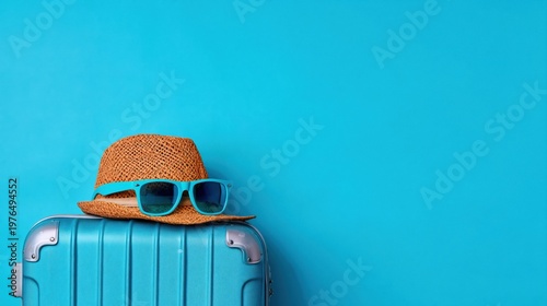 Suitcase with straw hat and sunglasses against a blue background, symbolizing summer travel, vacation, and relaxation concepts