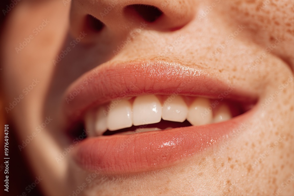 Obraz premium Close-up of a smiling woman's face with clear skin, freckles, and glossy lips in soft sunlight