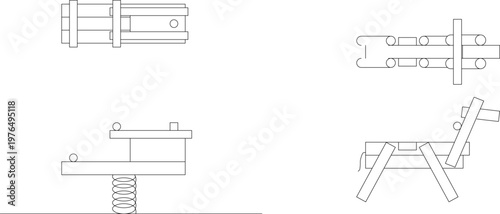 Technical engineering drawing showing orthographic projections of playground equipment components, featuring a spring mechanism, seat parts, and a rocking base structure.