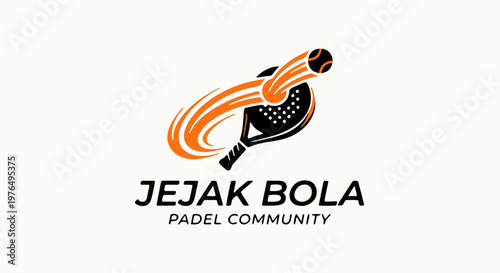 Modern padel community logo featuring racket and speeding ball with motion trail, bold sporty design for active club branding identity.