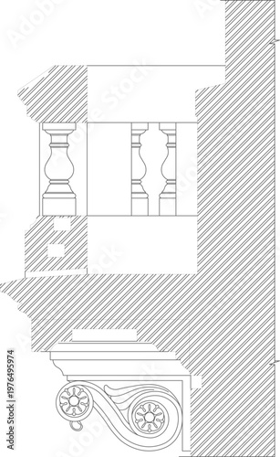 Technical architectural drawing showing a cross-section detail of a classical balcony featuring a balustrade with turned balusters and an ornate scroll corbel bracket supporting the ledge.