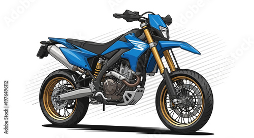 Blue supermoto motorcycle vector illustration with gold rims on white background
