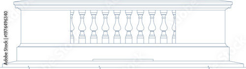 Technical architectural drawing showing a front elevation of a classical balustrade featuring multiple decorative balusters, a molded cap, and base.