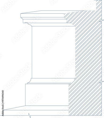 Technical architectural drawing showing a cross-section of a decorative pilaster attached to a wall, featuring a molded capital, shaft, and base with diagonal hatching.