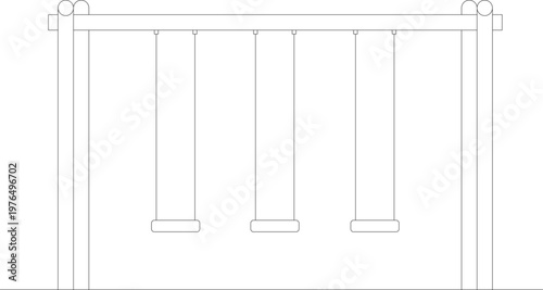 Technical architectural drawing showing a top-down plan view of a wooden swing set featuring a rectangular support frame and three suspended swings.