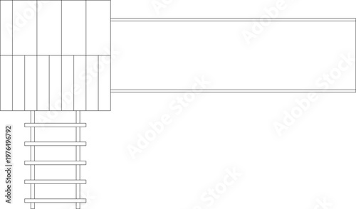 Technical architectural drawing showing a top-down plan view of a wooden deck structure with a platform, ladder, and extending walkway beam.
