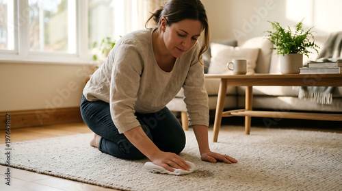 Woman cleaning with cloth on floor.