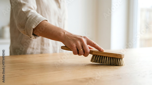 Woman cleaning with wooden brush tool.