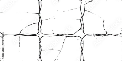 High-Contrast Cracked Concrete Texture Grungy architectural grid overlay with weathered stone texture and dark frame edges for vintage design and distressed effects.