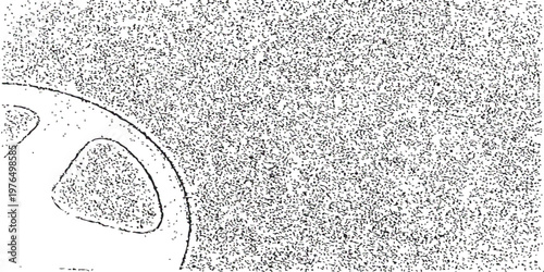 Intricate circular halftone noise pattern with grainy texture and high contrast black and white graphic design elements.