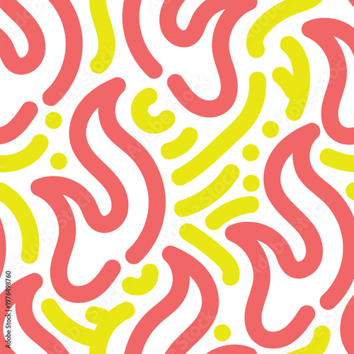 Seamless flame and abstract doodle pattern in red and yellow on white background. Vibrant fire themed repeat design perfect for fabric prints, packaging, and branding.