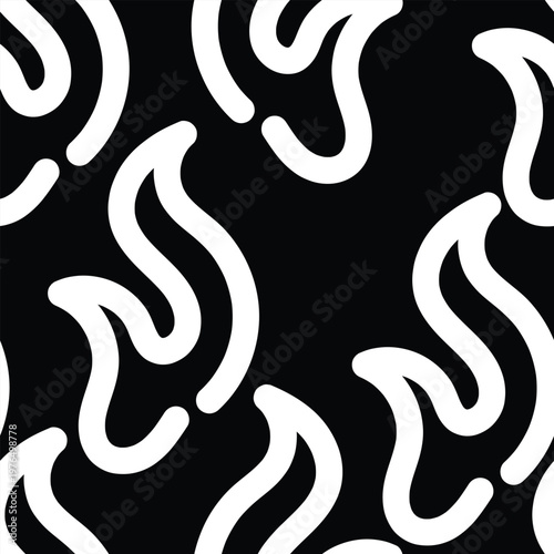 Seamless white flame doodle pattern on black background. Bold fire themed repeat design ideal for fabric prints, packaging, stationery, and modern branding.