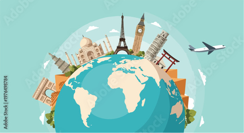 Illustration of a globe with famous landmarks and monuments from around the world on World Heritage Day against a light blue background with a plane flying by.