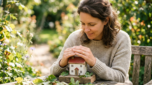 Woman holding small house model carefully.