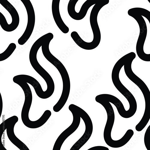 Seamless black flame doodle pattern on white background. Minimal fire themed repeat design ideal for fabric prints, packaging, stationery, and modern branding.