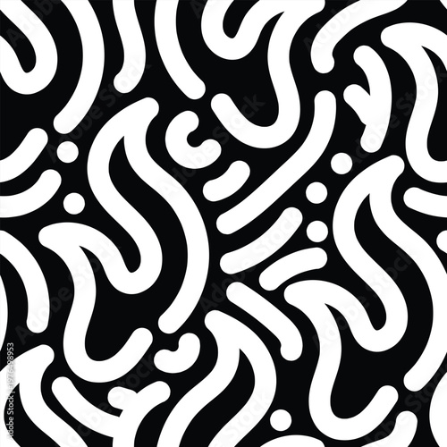 Seamless white flame and abstract doodle pattern on black background. Energetic fire themed repeat design perfect for fabric prints, packaging, and bold branding.