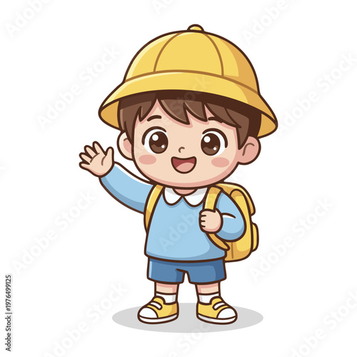 Cute Little Boy Waving Hand Ready to School Illustration