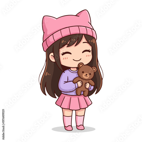 Cute Girl Holding Teddy Bear Cute Character Illustration