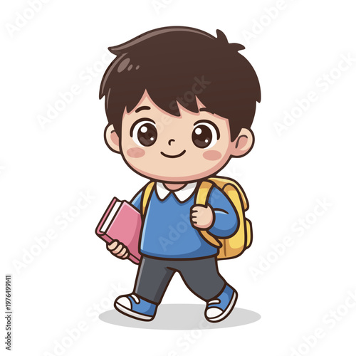 Cute Hand Drawn School Boy Walking to School with Backpack Illustration