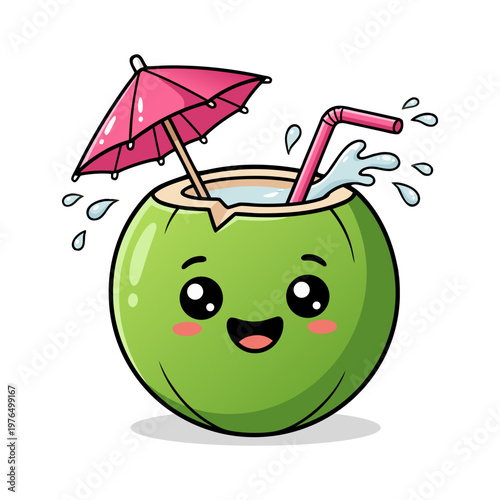 Cute Coconut Cocktail Drink with Umbrella Illustration