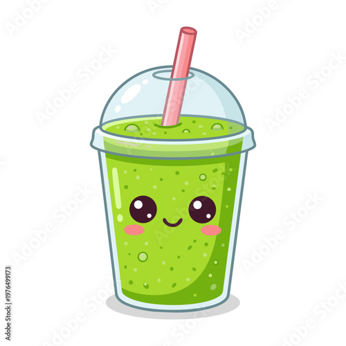 Cute Green Smoothie Drink Character with Smiling Face Illustration