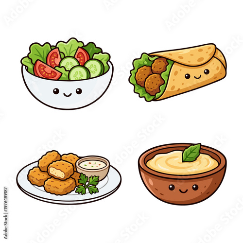 Cute Hand Drawn Food Illustration with Salad, Wrap, Nugget, and Dip