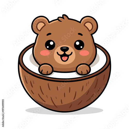 Illustration of a Cute Brown Bear Cub in Coconut Shell