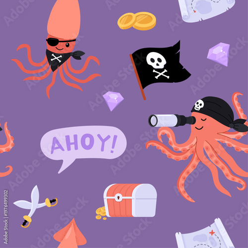 Cute pirate octopus seamless pattern with treasure chest, skull flag, coins, gems, sword, spyglass and ahoy speech bubble on purple background for kids design