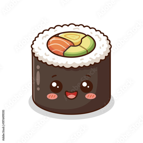Cute Sushi Roll with Happy Face Character Illustration