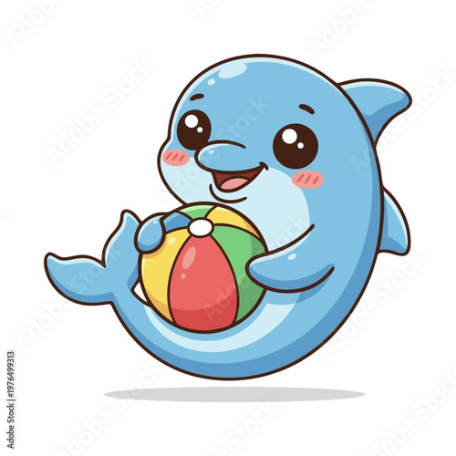 Cute Dolphin Character Holding a Colorful Striped Beach Ball Illustration