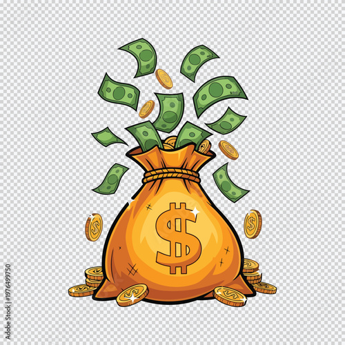 Money bag with banknotes and coins gold dollar sign