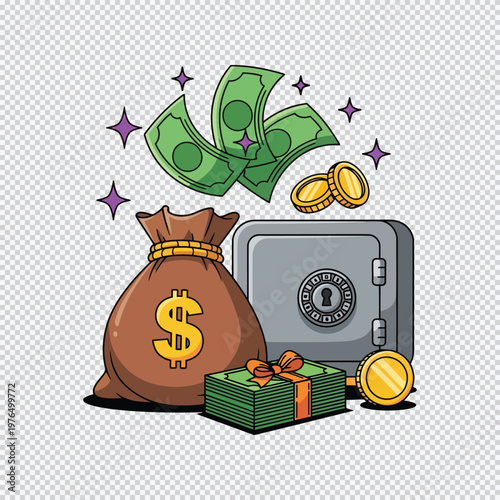Cartoon money bag safe and cash coins dollar