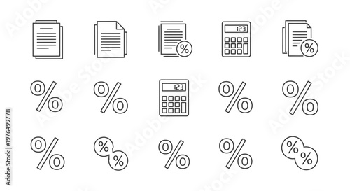 Finance and calculation icon set documents percent symbols calculator