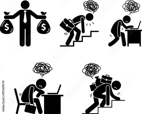 Work Stress and Burnout Icons Business Fatigue Overload Exhaustion Concept Minimal Style