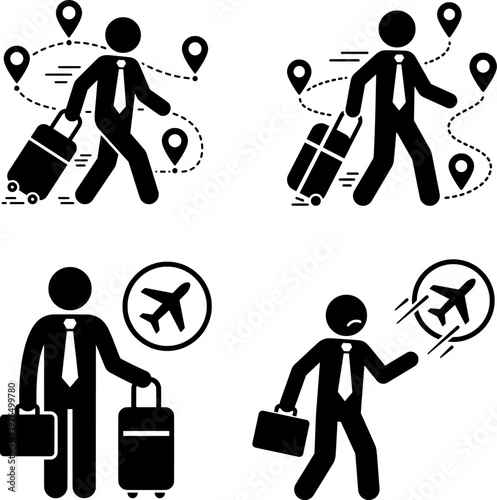 Business Travel Icons with Route Map Airplane and Luggage Corporate Journey Concept
