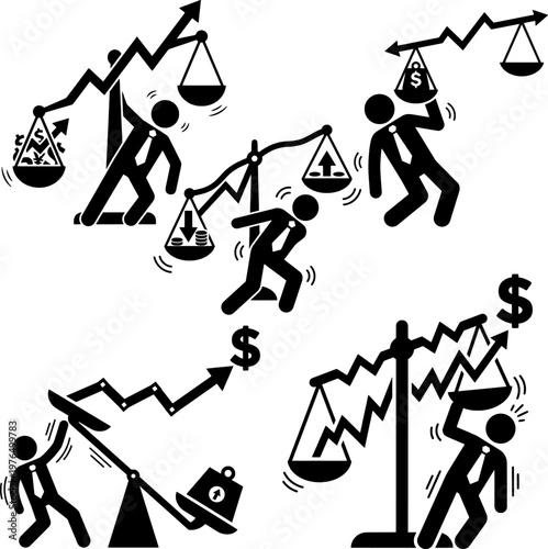 Business Risk and Financial Balance Icons Set Investment Growth Loss Concept Minimal Vector