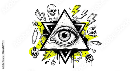 All Seeing Eye Symbol with Skulls and Lightning Bolts.