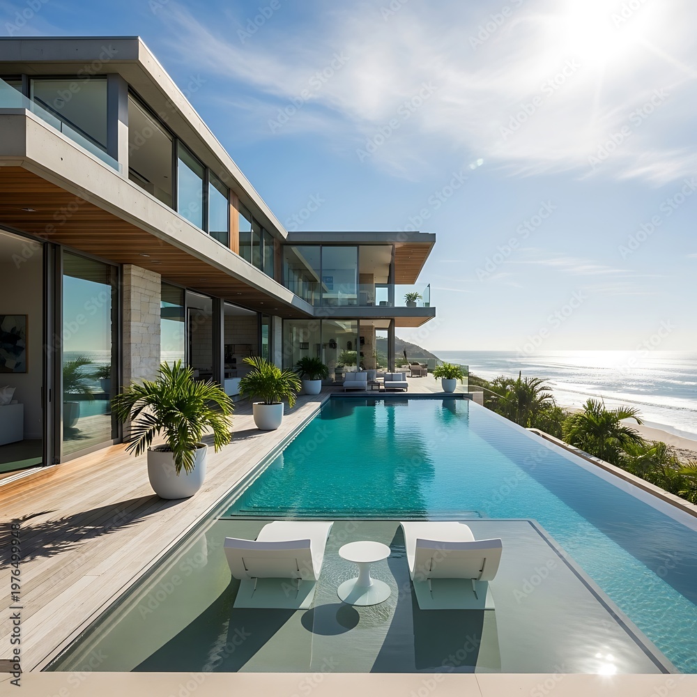 Fototapeta premium Luxury Beachfront Villa with Infinity Pool and Ocean Views.